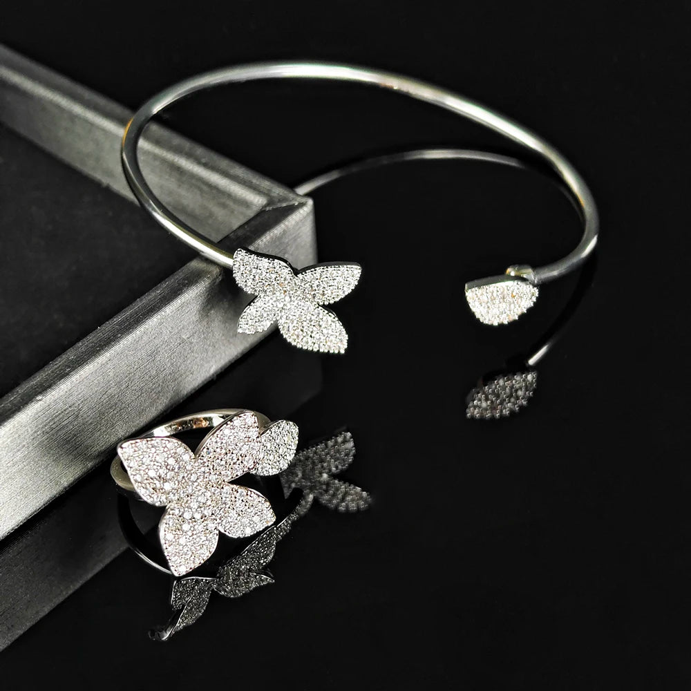 Luxury Designer Silver Color Flower Leaf Adjustable Jewelry Set Ring Bangle for Women Free Items Gift Jewelry R5433-S8026