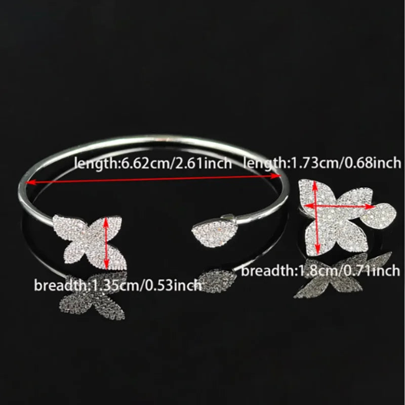 Luxury Designer Silver Color Flower Leaf Adjustable Jewelry Set Ring Bangle for Women Free Items Gift Jewelry R5433-S8026