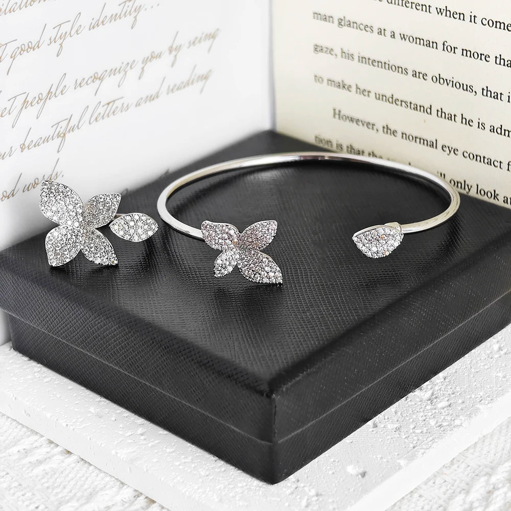 Luxury Designer Silver Color Flower Leaf Adjustable Jewelry Set Ring Bangle for Women Free Items Gift Jewelry R5433-S8026