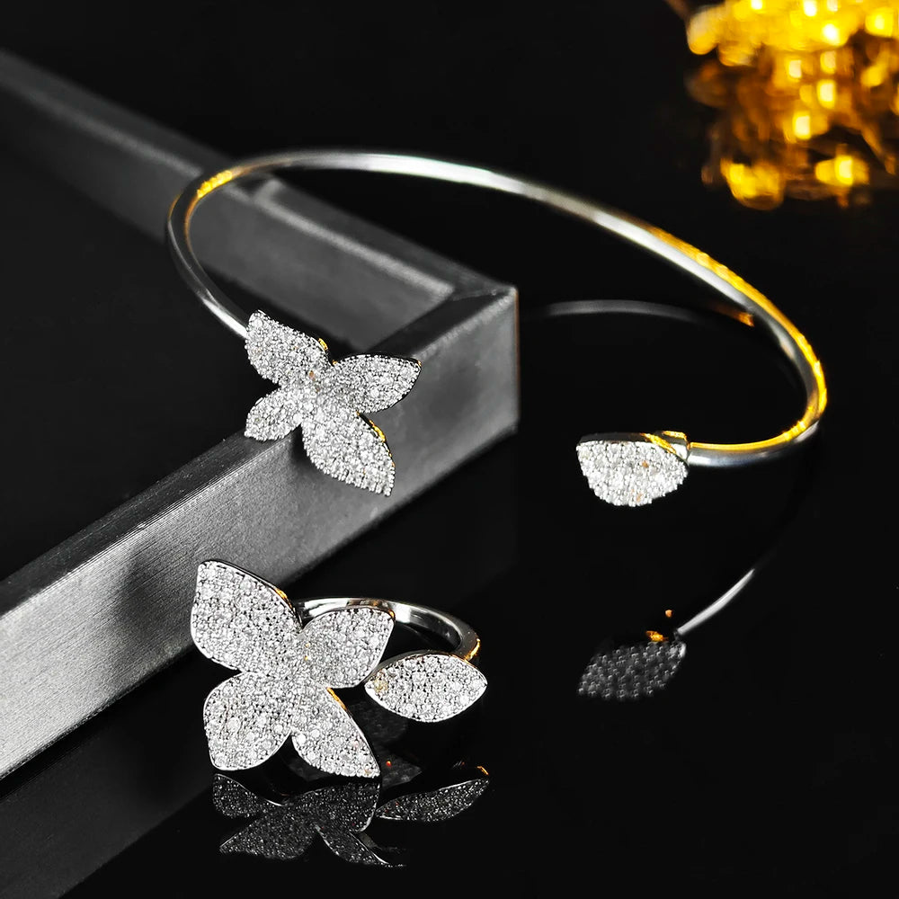 Luxury Designer Silver Color Flower Leaf Adjustable Jewelry Set Ring Bangle for Women Free Items Gift Jewelry R5433-S8026