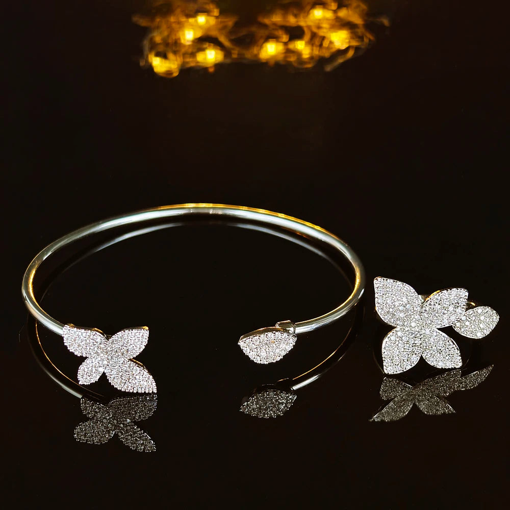 Luxury Designer Silver Color Flower Leaf Adjustable Jewelry Set Ring Bangle for Women Free Items Gift Jewelry R5433-S8026